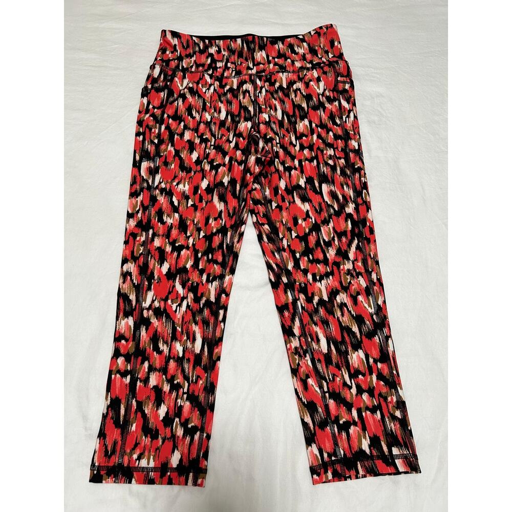 DKNY Womens Printed High-Waist Crop Leggings Hot Coral Medium M Runner Pockets